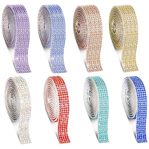 Sxutop 8 Rollos Cinta Autoadhesiva de Diamantes Cinta Adhesiva Brillante Rollo de Diamantes Imitación Cristal Tiras Brillantes para Ropa Manualidades Decoración (8 Colores, 1 Yarda/Rollo, 5/7 Filas)