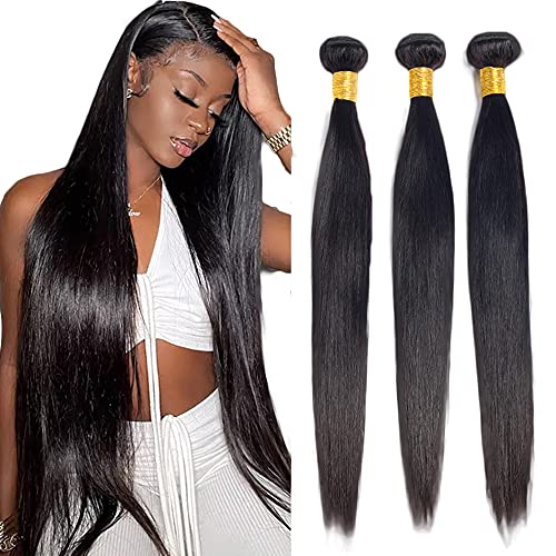NiegMeag 20 22 24 Inch Brazilian Straight Human Hair Bundles 10A Straight Bundles Human Hair 3 Bundles 100% Unprocessed Straight Brazilian Hair Bundles Natural Black Color 95~100g/pc Total 300g