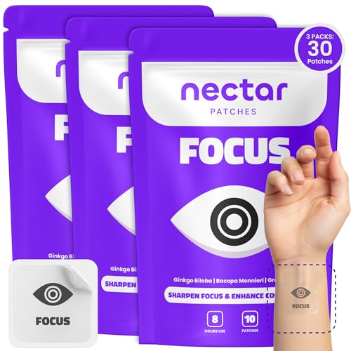 Image of Nectar Focus Patches | Natural Cognitive Support with Ginkgo Biloba, Bacopa & Magnesium for Memory - Mental Clarity Neuro Patches for Work, Study - Clean Plant-Based Nootropic Alternative | 30 Count