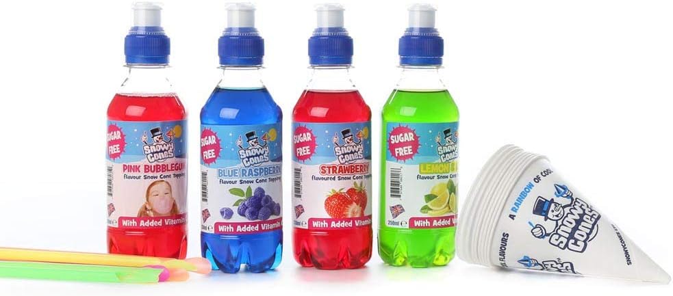 Snow Cone Syrup "Sugar Free" Flavour Syrup Not Slush, 4 x 250ml Pink Bubblegum, Blue Raspberry, Strawberry, Lemon & Lime