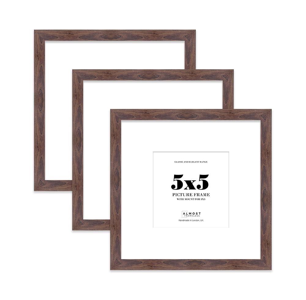 5x5 Walnut Picture Frame with Mount for 3x3 Photos, Prints - Modern Square Wall Frame, Set of 3