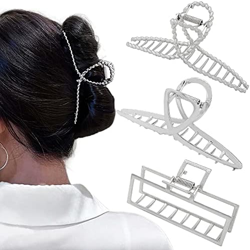 Rauimour 3pcs Hair Claw clips for Women, Metal Silver Large Hair clips for Thick Thin Hair, Geometric Cross Square Jumbo Catch Barrette Clamps, Fashion Hair Accessories Nonslip Hairgrip