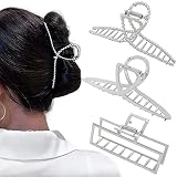 Rauimour 3pcs Hair Claw clips for Women, Metal Silver Large Hair clips for Thick Thin Hair, Geometri