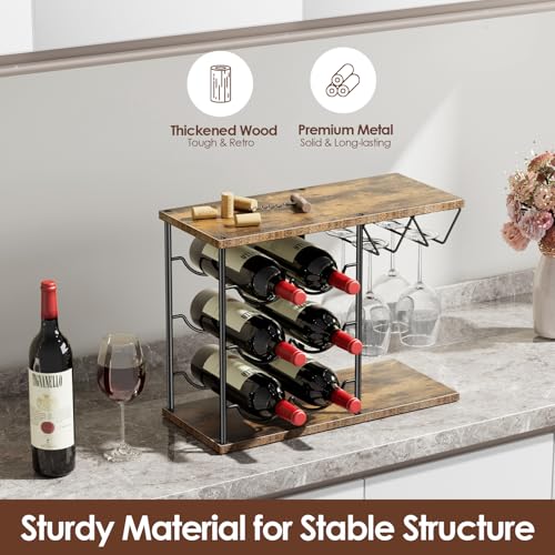 Nuovoware-Wine-Racks-Countertop-Wine-Bottle-Holder-for-6-Bottles-4-Glasses-Holder-Metal-Wine-Storage-Organizer-for-Kitchen-Bar-Table-Cabinet-Wine-Cellar-Wooden - Izzgadgets.com