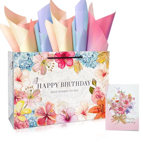 Sac cadeau d'anniversaire Kecorax floral de 35,6 cm avec papier de soie dégradé