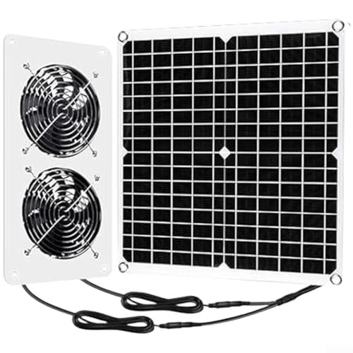 Jonikuper Kit de ventilador dual de panel solar monocristalino de 25 W y 12 V con clasificación IP65 resistente a la intemperie para ventilación al aire libre, compatible con cobertizos y cocineros