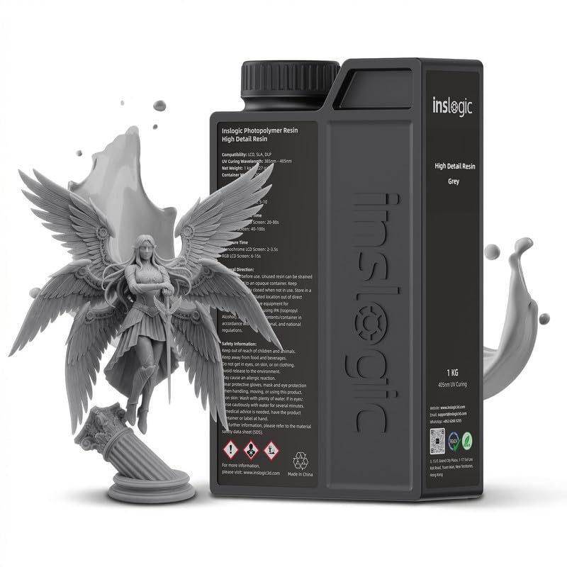 Inslogic 14K High Detail 3D Printer Resin, Smooth Matte Finish with Fine Detail for Miniatures, Low Shrinkage, No Cracking, 405nm UV-Curing Resin for LCD, DLP, SLA 3D Printing (Gray, 1kg）