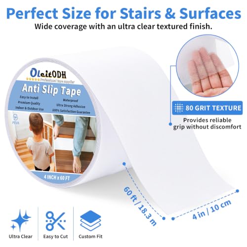 Image of Oleitodh Clear Non-Slip Tape, 4In x 60Ft, Transparent Safety Grip | Non Slip Traction Tape for Stairs, Wet Surfaces, Bathroom Entry, Boat, Outdoor Steps. Invisible, Comfortable Barefoot Texture