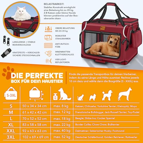 TRESKO® Hundebox faltbar inkl. Leckmatte, Spatel & Reflektoren M 61x42x42cm | Transportbox für Hunde und Katzen | Hundetransportbox Auto für kleine & große Hunde | Hundetasche robust Rot