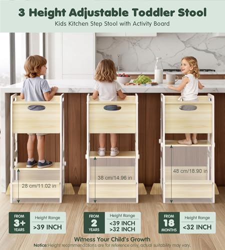 Image of OPAUL Toddler Standing Stool - 3-Level Adjustable Height Wooden Kitchen Step Stool for Kids, Sturdy with Non-Slip Feet, Safe Toddler Standing Stool for Counter Classic White, Ages 18 Months - 6 Years
