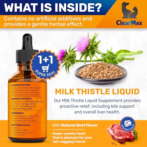 Milk Thistle for Dogs and Puppies for Dog Digestive Support – Milk Thistle Supplement for Cats and Kittens – Liver Support – Super Beef Flavor – 1 + 1 Oz Super Offer