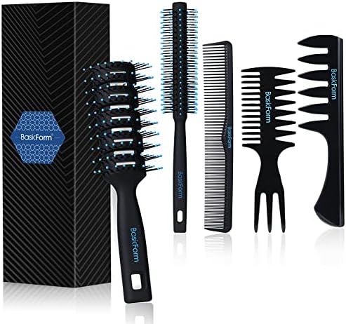 BasicForm Styling Hair Brush and Comb Set for Men, Vent Brush Round Hair Roller for Quiff, Pompadour, Slicked-back, Undercut