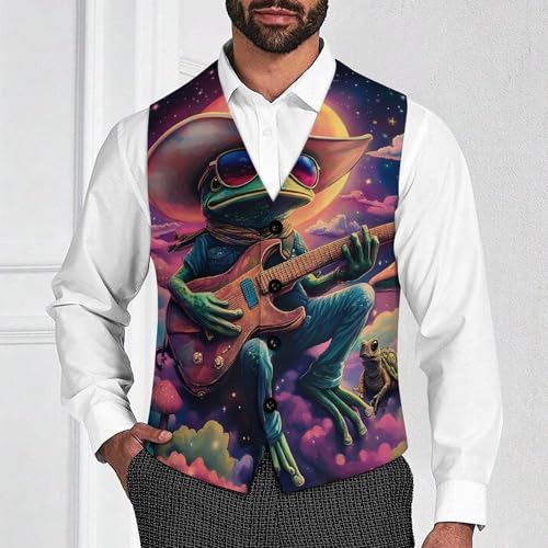 Funny Spaces-Frogs Mushroom Men's Suit Vest Slim Fit Business Dress Party Pattern Waistcoat Vest Top2