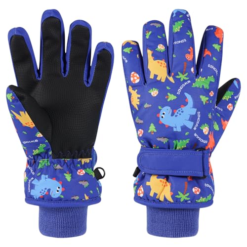 QKURT Guantes de esquí para niños Estampado de Dinosaurio, Antideslizantes, de Poliuretano, para Trineo, Snowboard, térmicos, Resistentes al Viento, para Clima frío, para Nieve, de 4 a 9 años.