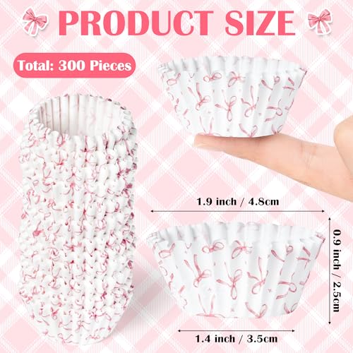 COcnny Bow Mini Cupcake Liners - 300pcs Pink Bowknot Baking Cups Muffin Paper Cupcakes Wrappers for Birthday, Candy Cake Chocolate Wrap Making Supplies for Baby Shower Wedding Bachelorette Party