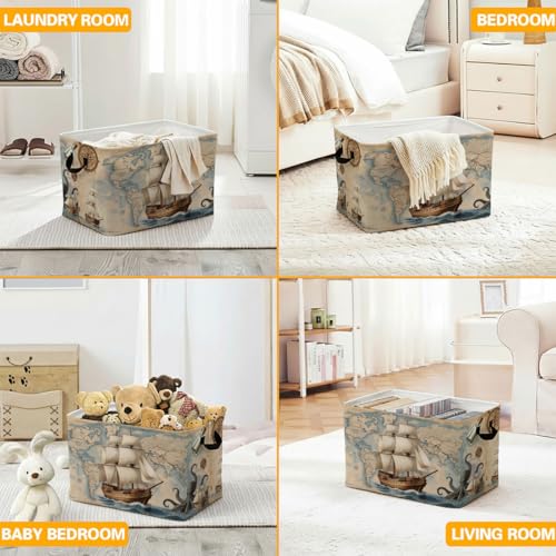 Nautical Map Laundry Hamper with Handles,Large 56L Foldable Square Clothes Basket Multi‑Use Blanket Storage Bins for Organizing Books,Toys,Gifts,Room Decoration,Dorm Nursery by VPIHOLK - Used condition - Image 5