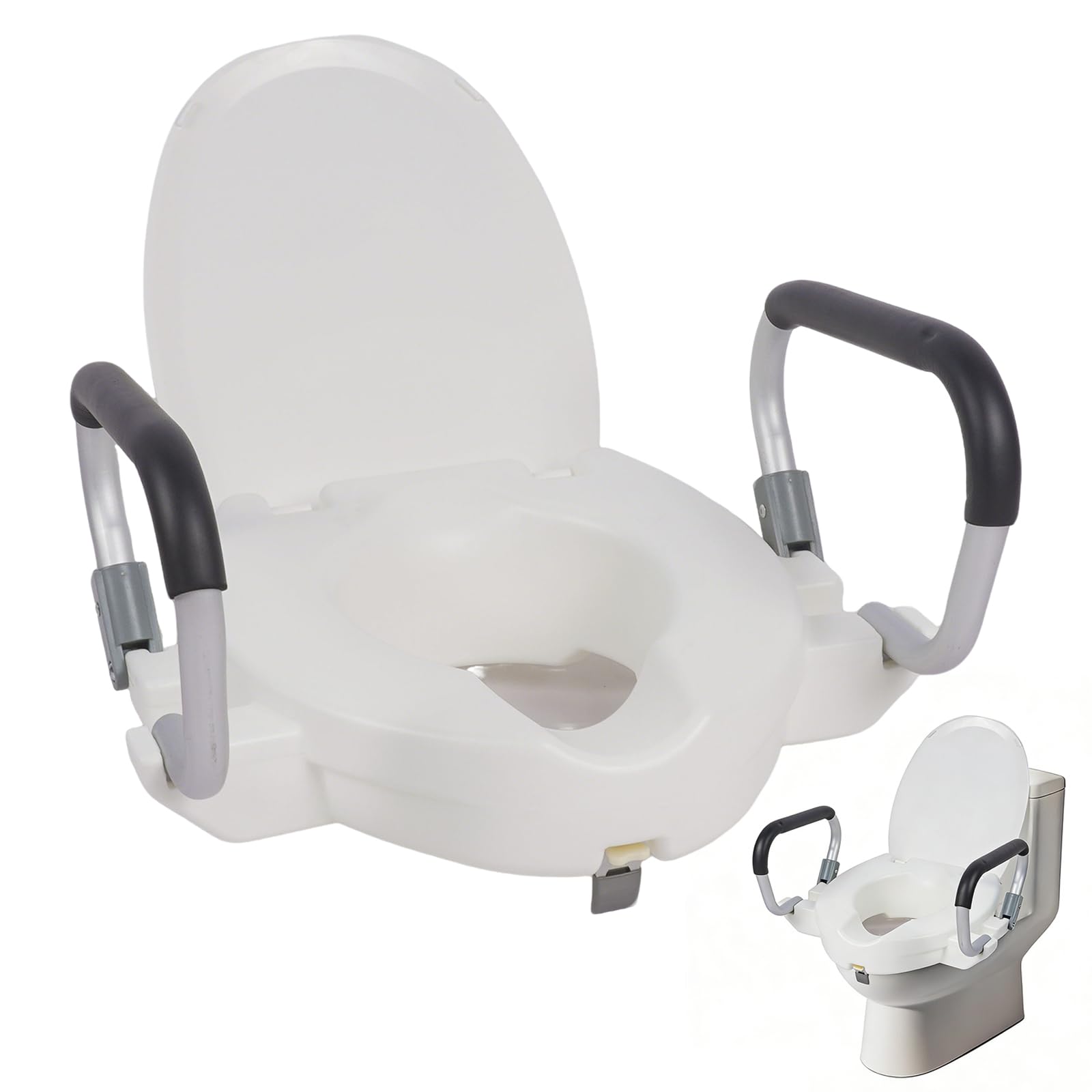 Toilettensitzerhöhung für Erwachsene mit Armlehnen und Deckel, Erhöhter Toilettensitz für Erwachsene, Erhöhter Toilettensitz mit Deckel, Toillettenaufsatz für Senioren, Breite Einstellbar (10cm hoch)