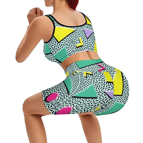 ISMV Conjunto feminino de 2 peças para treino, retrô, anos 80, 90, neon cintura alta, shorts de corr