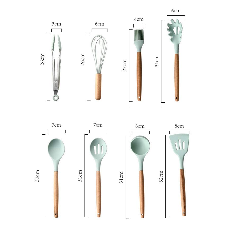 Barils de Stockage d'ustensiles de Cuisine en Silicone avec poignée en Bois Vert Frais Ensemble d'ustensiles de Cuisine spatule antiadhésive 11 pièces