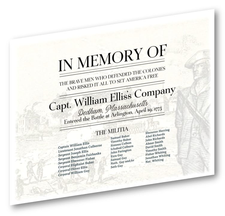 GenericIn Memory of Capt. William Ellis's Company of Dedham, Massachusetts Militia/Minuteman Responding to the Patriots Day Alarm April 19, 1775 Muster Roll Certificate 8.5" x 11"