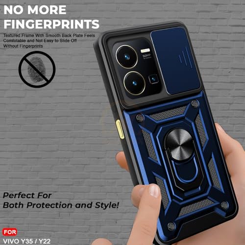 Image of Armor Bumper Back Cover Case for Vivo Y35 / Y22 | Rotating Camera Cover, Ring Holder & Kickstand | Heavy Duty & 360 Degree Protection Vivo Y35 / Y22 Back Cover (Blue)