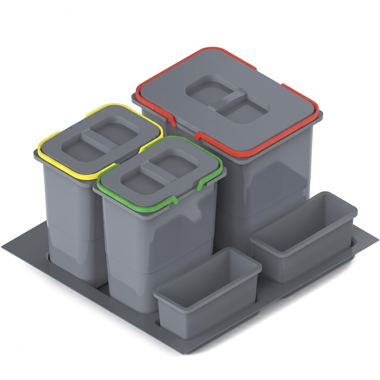 REJS Mülltrennsystem Küche für 60 cm Schrank 3-fach 52,5x49x30 cm (1x 15L + 2x 7L) mit Deckel Einbau Abfallsammler für Schubladen Küchenabfalleimer Abfalltrennung Abfallbehälter Set Silberfarben