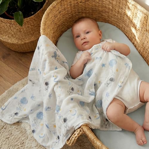 Image of GLLQUEN BABY Receiving Blanket Boy Cotton Muslin Swaddle Blankets Girl Newborn Squares Breathable & Soft Thin Baby Blankets Cloths Double Absorbent Infant Swaddling Wrap - 6 Pack (Blue Astronaut)