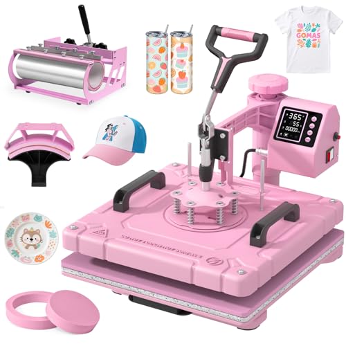 Slendor Heat Press 15x15 Inch 5 in 1 Heat Press Machine with 30OZ Tumbler 360-Degree Swing Away Digital Multifunction Heat Transfer Sublimation Combo for T Shirts Mugs Hat Plate Cap, Pink