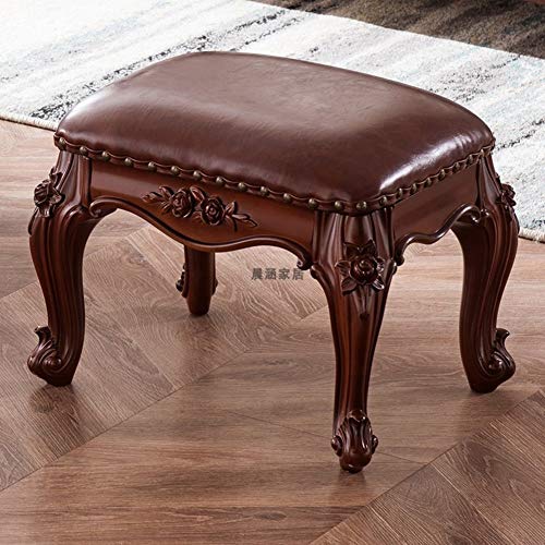 JRMU Antico Pelle Ottomane Sgabello,16x13x12 Pollici,Soft Divano Poggiapiedi Arredato in Stile Europeo Legno Massello Imbottita per Trucco Adulti Soggiorno-a-1
