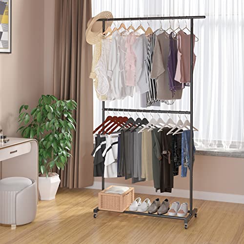Sywhitta 2-JHLYJ Double Rod Clothing Garment Rack, Rolling Clothes Organizer On Wheels For Hanging Clothes, Easy To Assemble, Adjustable thumb #2