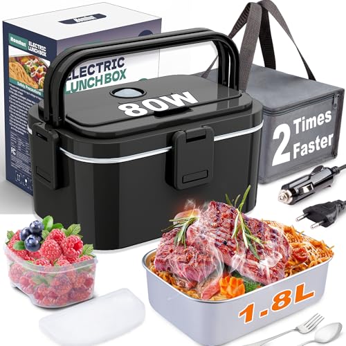 Fiambrera Eléctrica 80W Calentador de Comida Electrico 12/24/230V Fiambreras Comida Trabajo 1.8L para Coche/Camión con Compartimentos y Bolsa de Gris Aislamiento(1.8L-Negro)