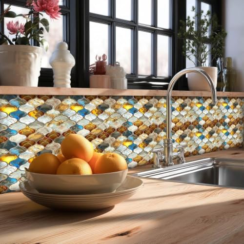 Image of Moroccan Tile Stickers | Waterproof Self Adhesive Peel & Stick Tile Decals for Kitchen Backsplash, Bathroom Wall, Floor, Furniture & Glass (6x6 Inch, Design 45)