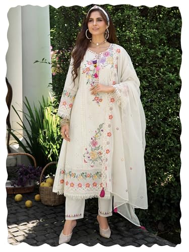 Image of INDO ERA Women's Straight Pure Cotton Floral Embroidered Kurta & Pant with Dupatta Set (IEOUT11423)