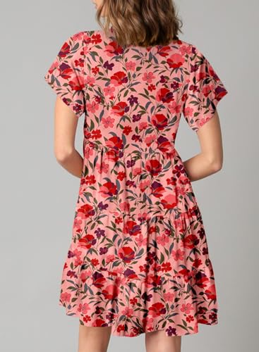 Image of Dokotoo Womens Summer Casual Boho Floral Dresses 2026 V Neck Short Sleeve Sundresses Flowy Swing A-Line Mini Dress