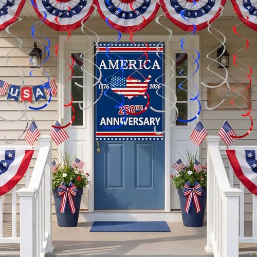Image of 36 PCS Red Blue Silver Hanging Swirl, Sparkle Ceiling Hanging Decorations, Plastic Streamer Party Decorations with Double-Swirls for 4th of The July,Independence,250 Anniversary USA,Birthday Baseball