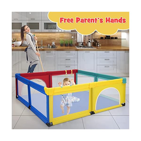 Costzon baby playpen for toddler large play yard indoor outdoor kids activity center with ocean balls non slip suction cups handlebars breathable mesh zipper door playpen for babies  urban country home decor