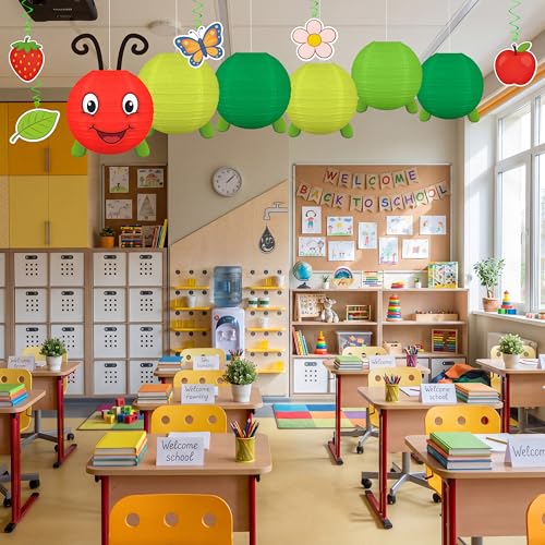 Image of 11PCS Caterpillar Birthday Decorations Paper Lanterns Hanging Swirls Set Back to School DIY Party Decor Classroom Supplies with Eyes Mouth Feelers Legs(Assembly Needed)