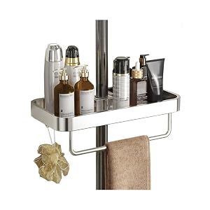 KOMFGT Wall Mounted Bathroom Shelf Shower Caddy Shelf Bathroom Shower Rack Orga with Towel Bar and 2 Hooks