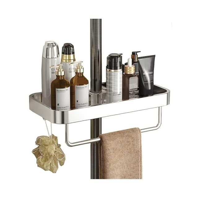 KOMFGT Wall Mounted Bathroom Shelf Shower Caddy Shelf Bathroom Shower Rack Orga with Towel Bar and 2 Hooks