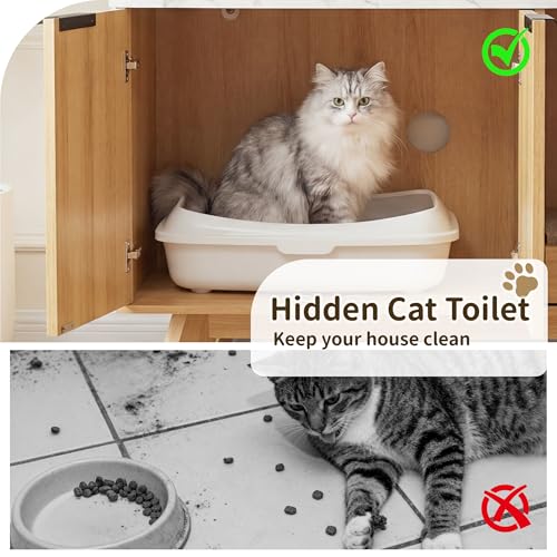 Image of Cat Litter Box Enclosure with Litter Collector,Fluted Hidden Litter Box Furniture with Scratch Pad,31 inch Wooden Cat Cabinet,Cat House,TV Stand,Side Table for Living Room,Natural with Marble Tabletop