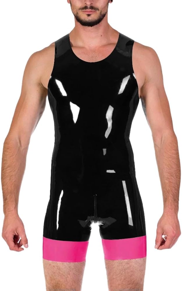 Mens PVC Leather Bodysuit Patchwork Sleeveless Wetlook Romper Exotic Party Club Cosplay Stagewear