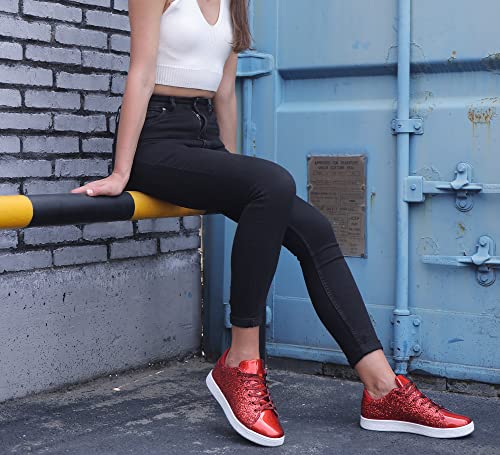 Lucky Step Glitter Sneakers Lace Up | Fashion Sneakers | Sparkly Shoes For Women (8 B(M) Us,Red) #TOP5