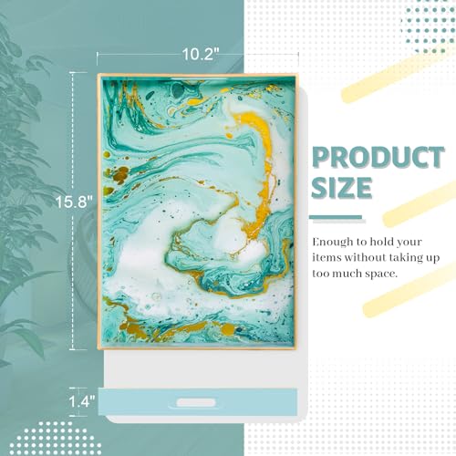MAONAME Turquoise Serving Tray with Handles, Plastic Decorative Tray for Coffee Table, Marbling Rectangular Tray for Bathroom, Ottoman, Storage, 15.7" Lx 10.2" W X 1.57" H