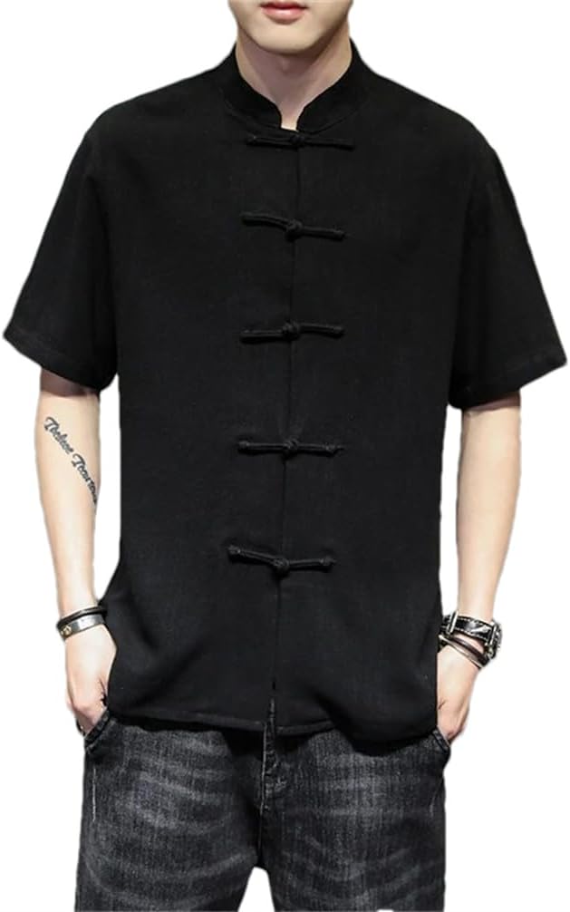 Chinese Traditional Clothes Tang Suit Men Short Sleeve Casual Loose Solid Color Hanfu