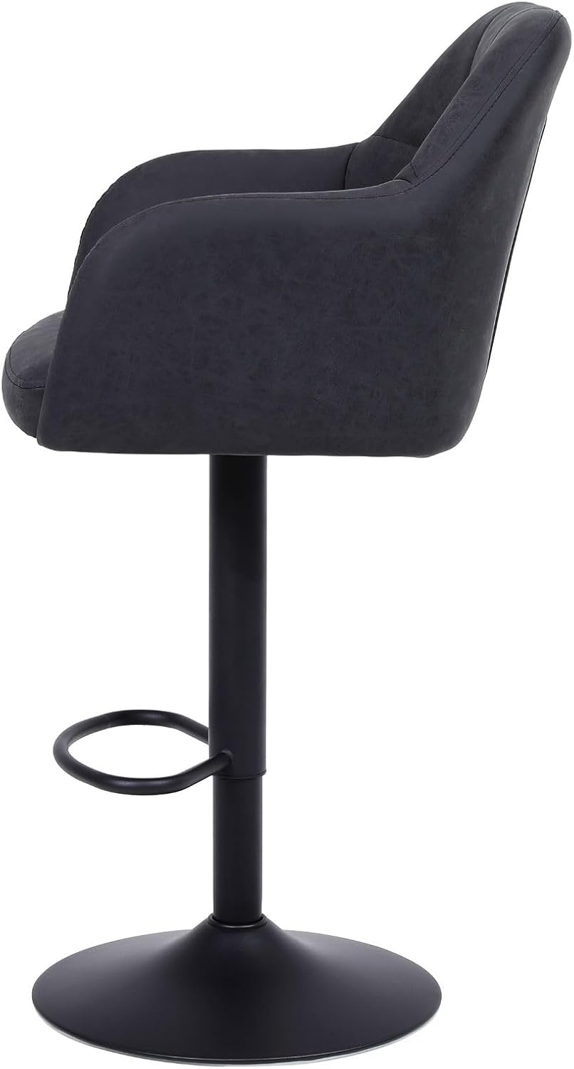 Adjustable Barstools Set of 2, Swivel Counter Height Stool with Arms 24''-33'' H Leather Bar Stools, Modern Metal Island Chairs with Back for Kitchen, Home Bar, Dining Room, Carbon Grey