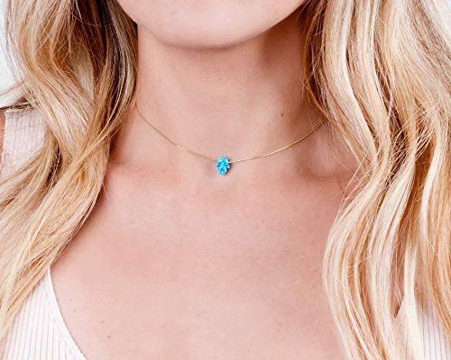 Blue Opal Hamsa On A Gold Filled Choker Necklace- Handmade Dainty Hand Of Fatima Collar - 13.5 + 3 Inch Extending #TOP4