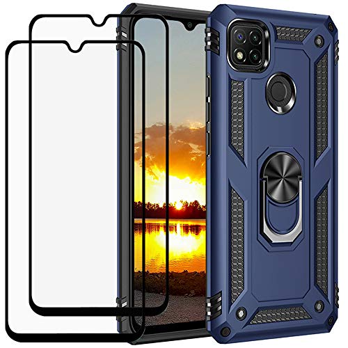 Duolide For Xiaomi Redmi 9C Case With Tempered Glass Screen Protector [2 Pack], Hybrid Heavy Duty Dual Layer Anti-Scratch Shockproof Defender Kickstand Case Cover, Blue #TOP3