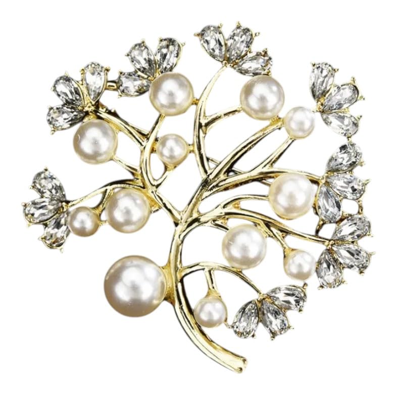 Gold Pearl Tree of Life with Crystal Leaves Brooch Pin, Alloy, Modern, Gold Plated, 5x5x2 Centimeters, Lobster Claw Clasp-image-25