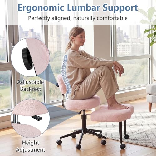 Image of DUMOS Ergonomic ADHD Meditation Office Desk Chair with Adjustable Backrest, Cross Legged Chair Height Adjustable with 360 Swivel Footstool, Yoga Stool for Home Office, Teddy Fabric Pink