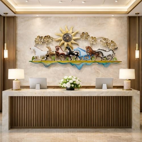 Image of SHREE 'O' GREEN TECH - Metal Handpainted Seven Running Horses Wall Hanging Multicolor Sunrise Design Wall Art for Home Decor, Living Room, Bedroom & Office (Size 51x29 Inch)